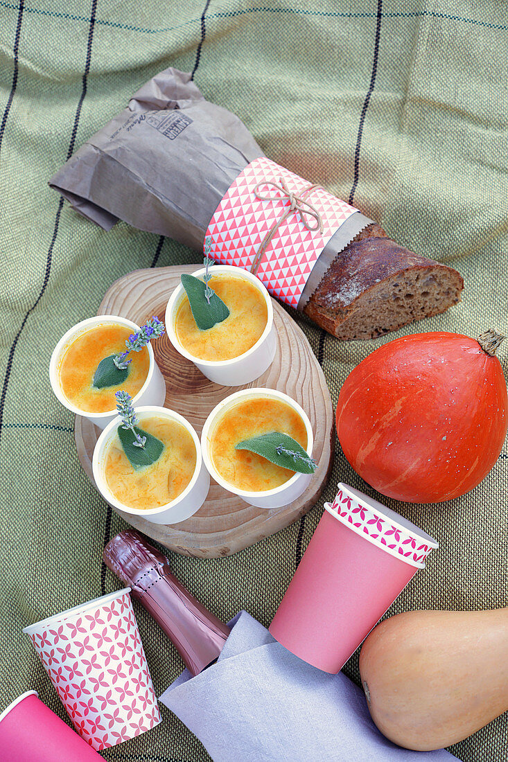 Herbstliches Picknick mit Kürbissuppe, Brot und Champagner Rosé