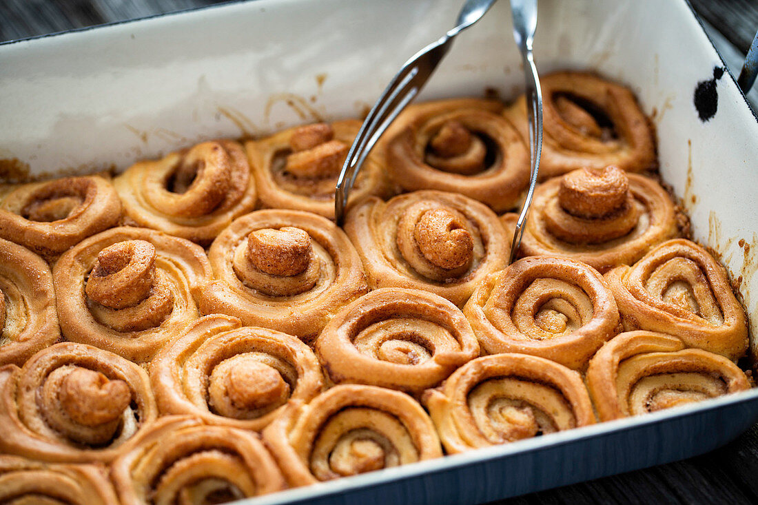 Cinnamon buns in a baking pan