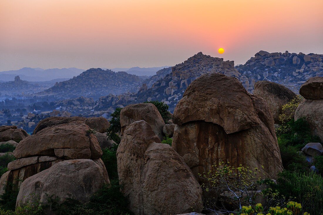 Sunrise over a rocky landscape, Hampi, India