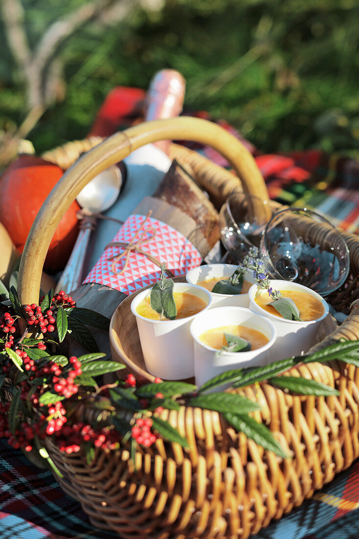 Picnic basket with pumpkin soup, champagne and bread