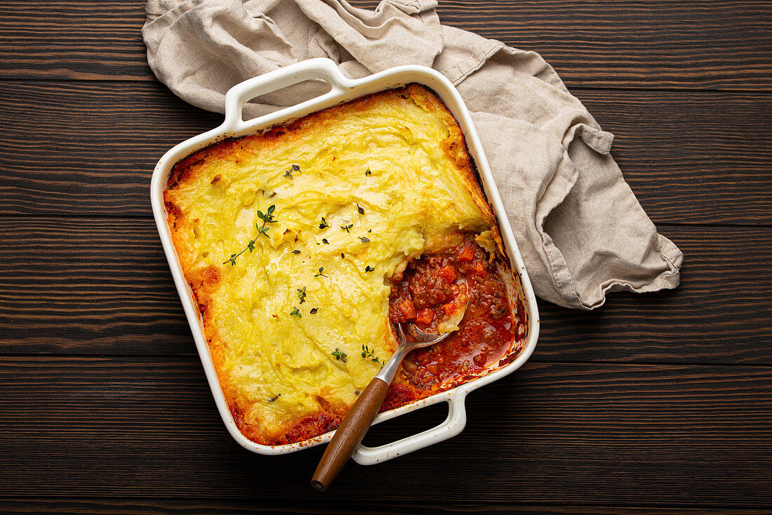 Shepherds pie casserole with minced meat and mashed potatoes