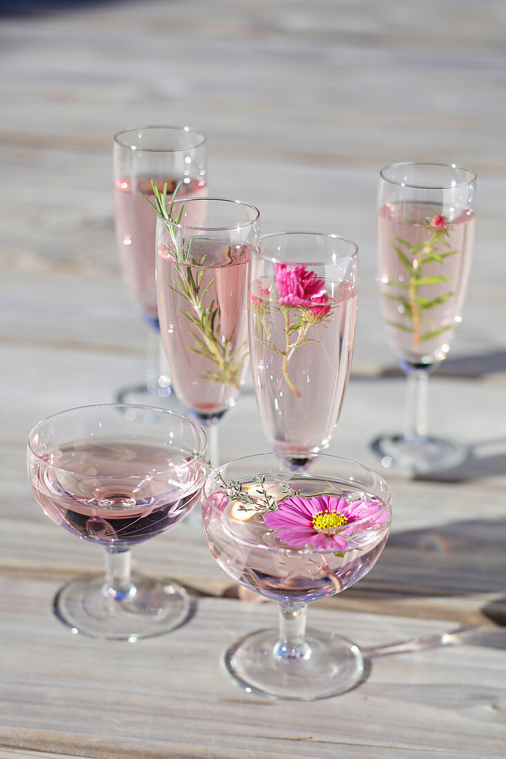 Sechs Cocktails mit Blumen und Kräutern