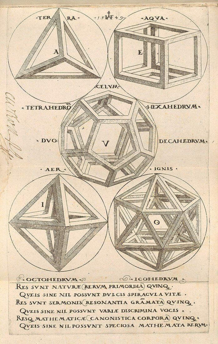 Five Platonic solids, 16th century illustration