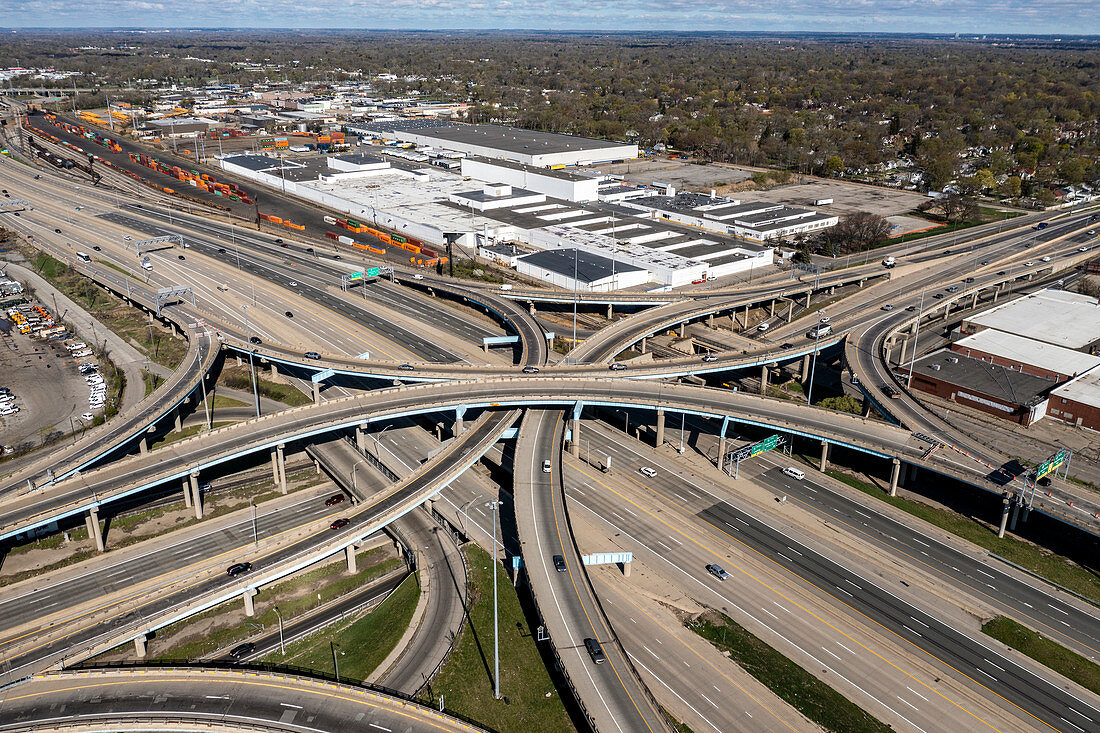 Freeway interchange, aerial photograph