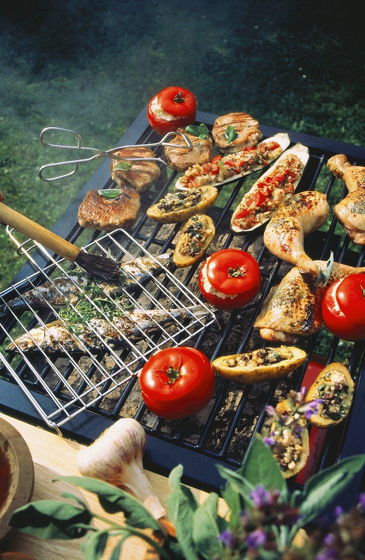 Vegetables, fish, meat & poultry on barbecue (outdoors)