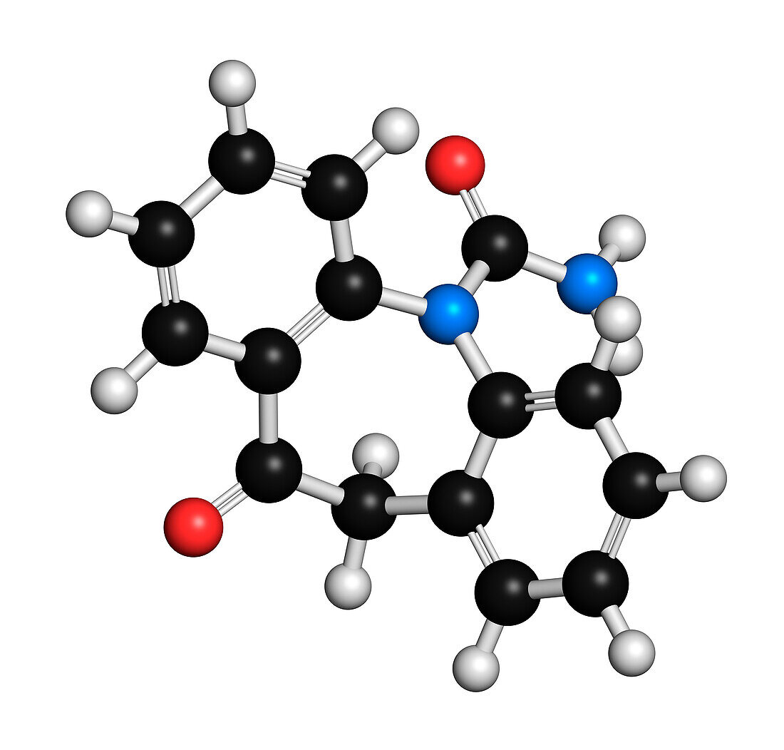 Oxcarbazepine epilepsy drug molecule, illustration