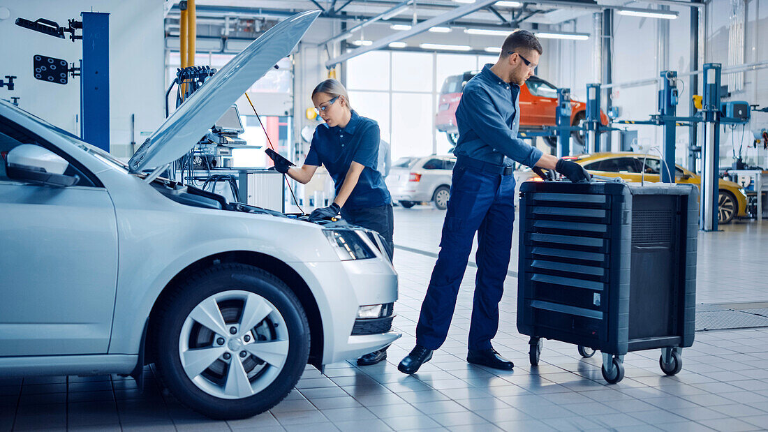 Mechanics working on car