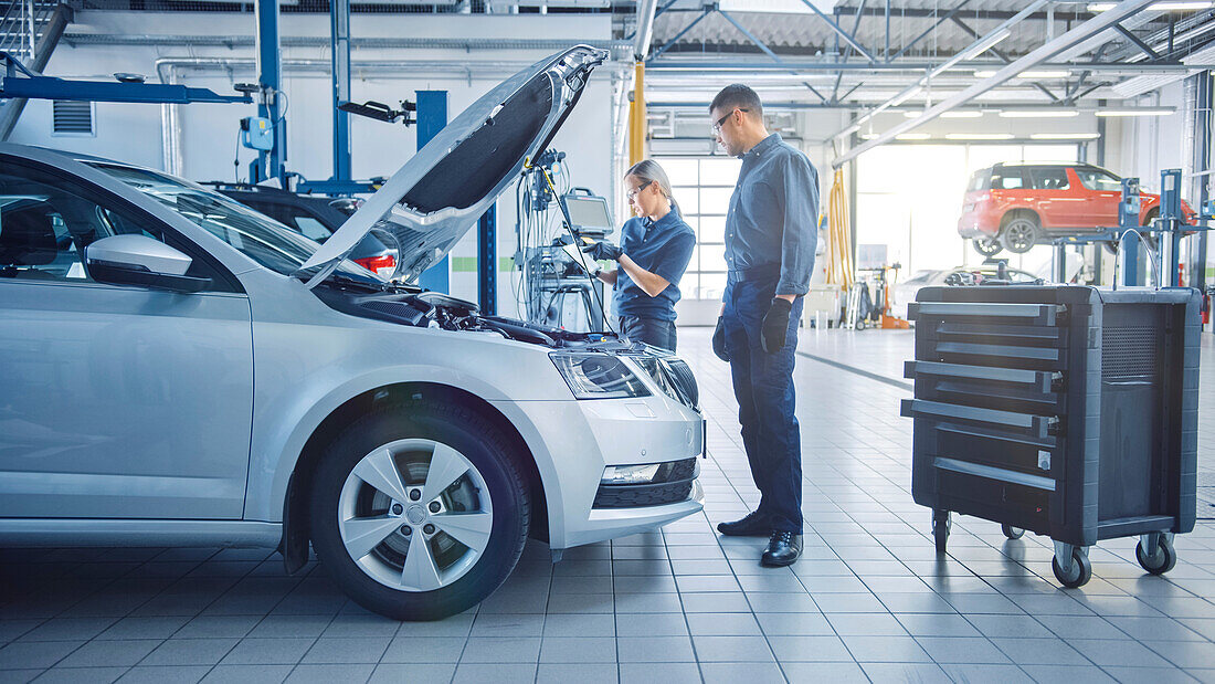 Mechanics inspecting car