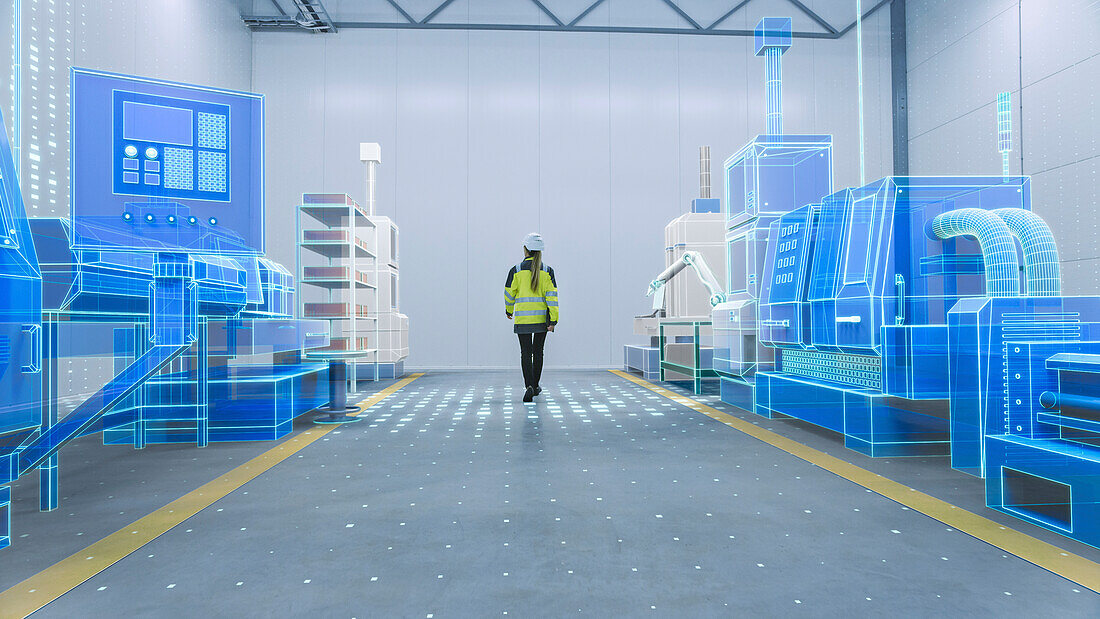 Engineer walking through a factory with augmented reality
