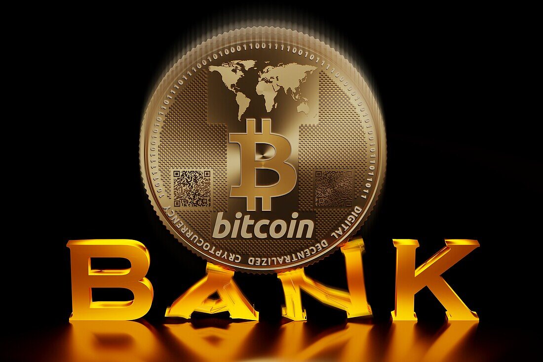 Bitcoin destroying banking, conceptual illustration