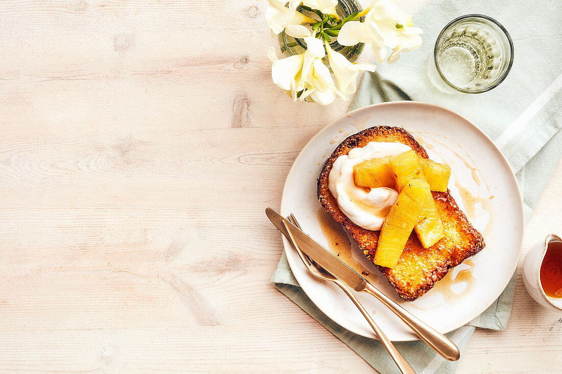 Coconut French toast with spiced roasted pineapple