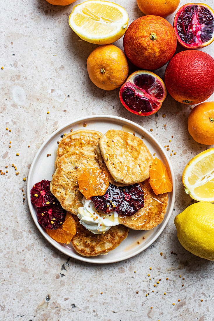 Lemon pancakes with citrus fruits