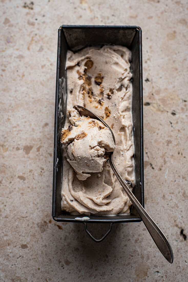 Vegan cookie dough ice cream in tray