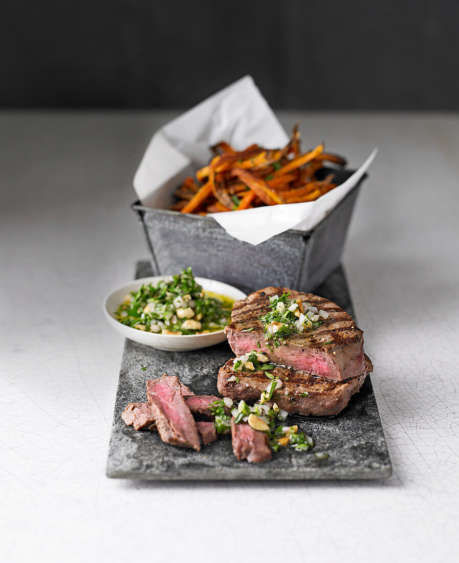 Beef steak with skinny sweet potato fries