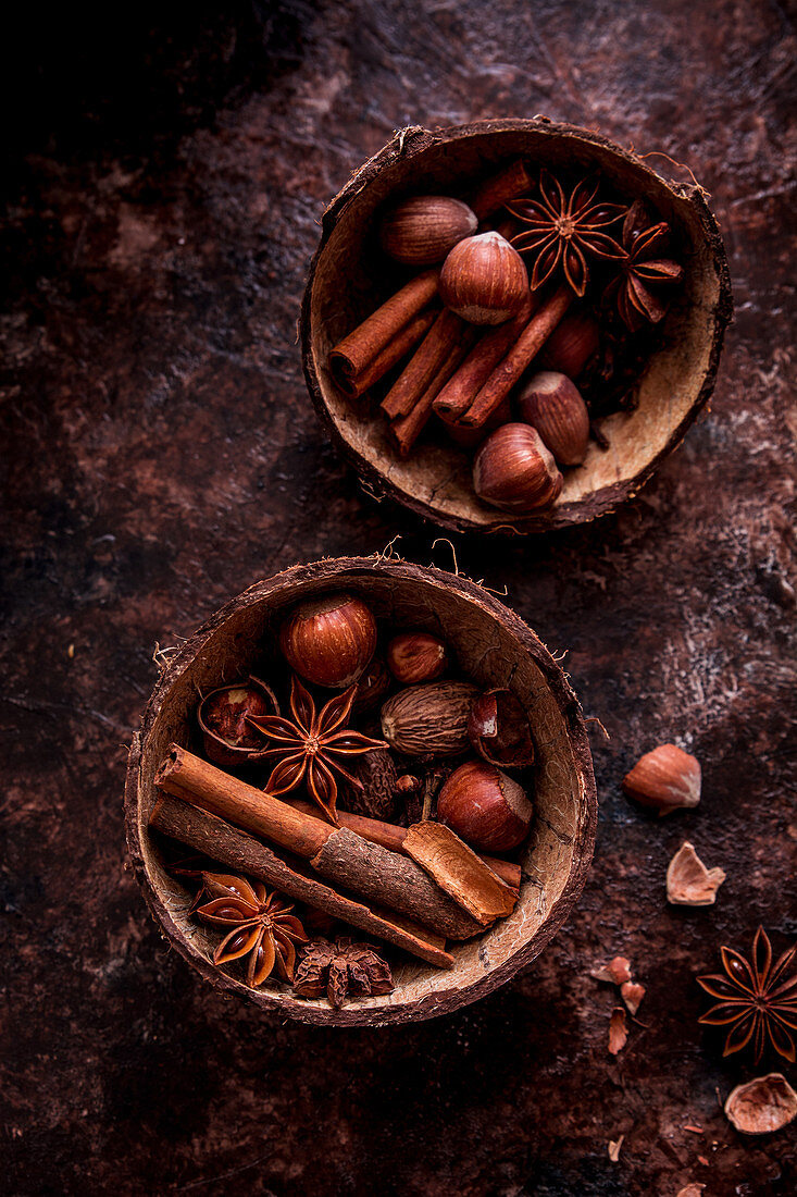 Brown spices and nuts in coconut shells