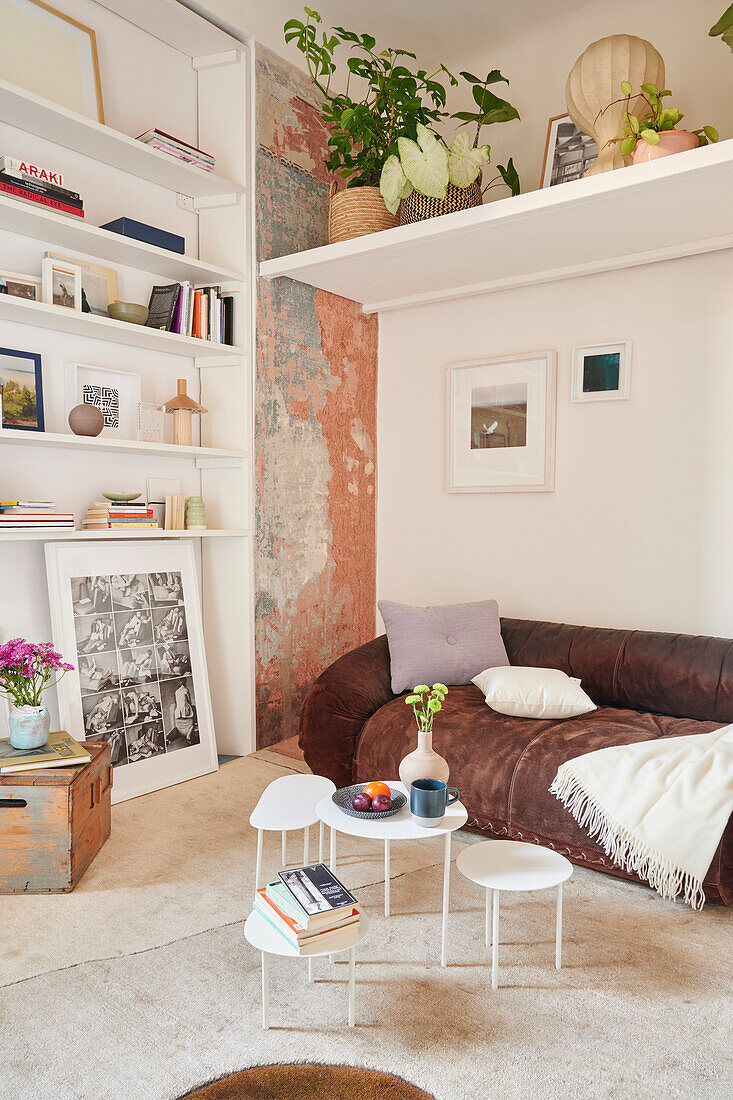 Vintage sofa bed, placemat, and shelves in the living room