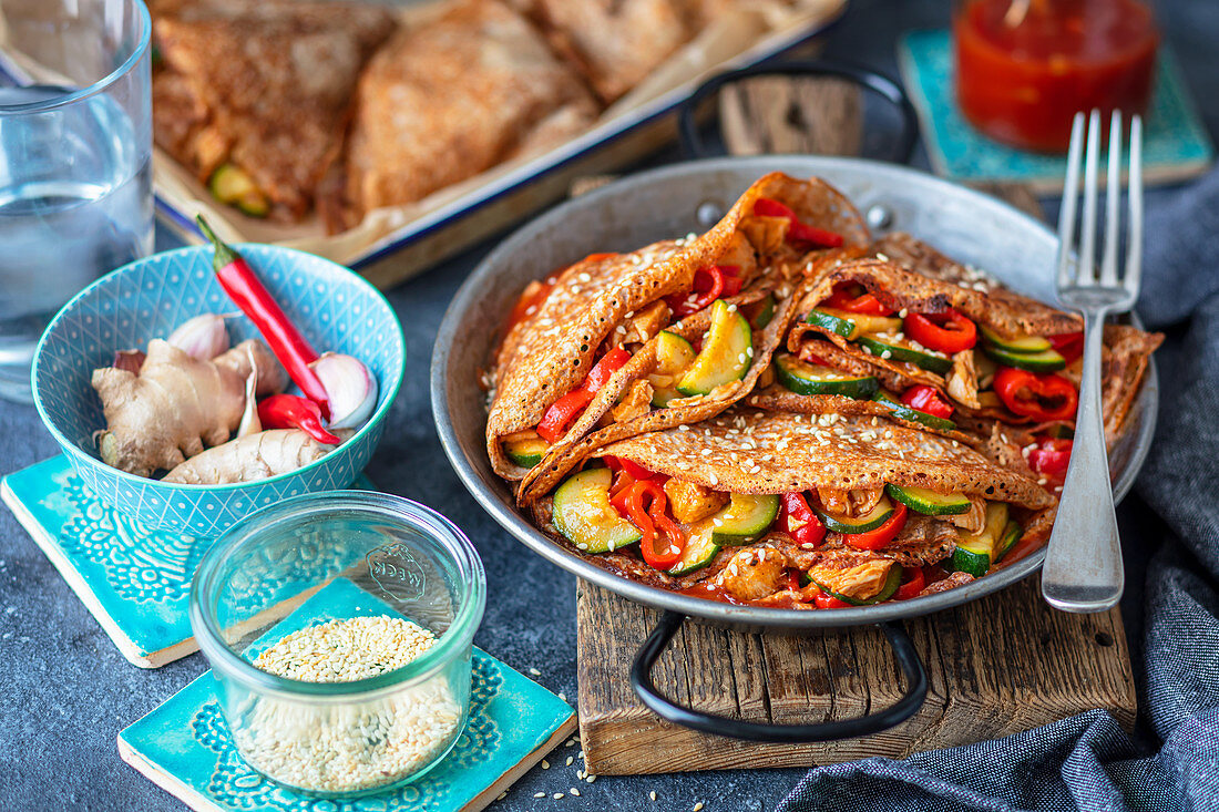 Pancakes with sweet and sour chicken