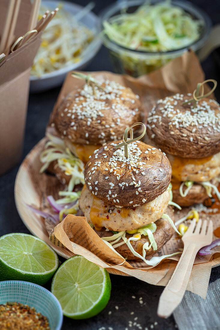 Turkey burgers with mushrooms instead of buns