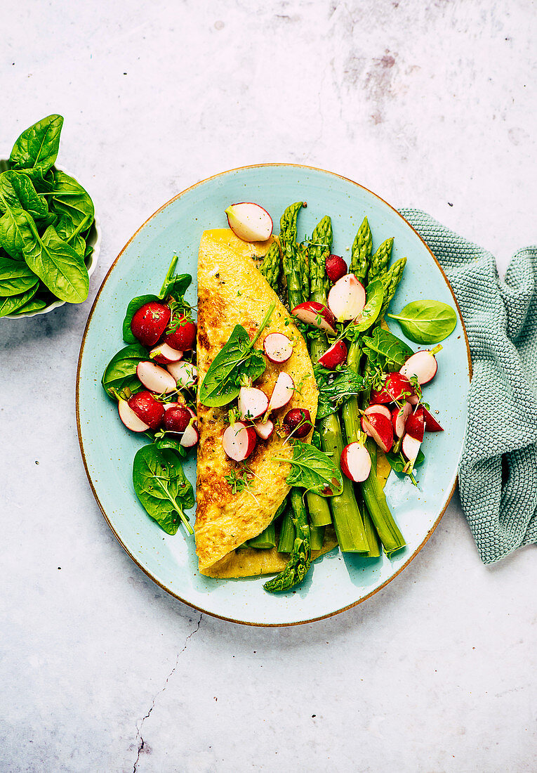 Asparagus and herb omelette with radishes