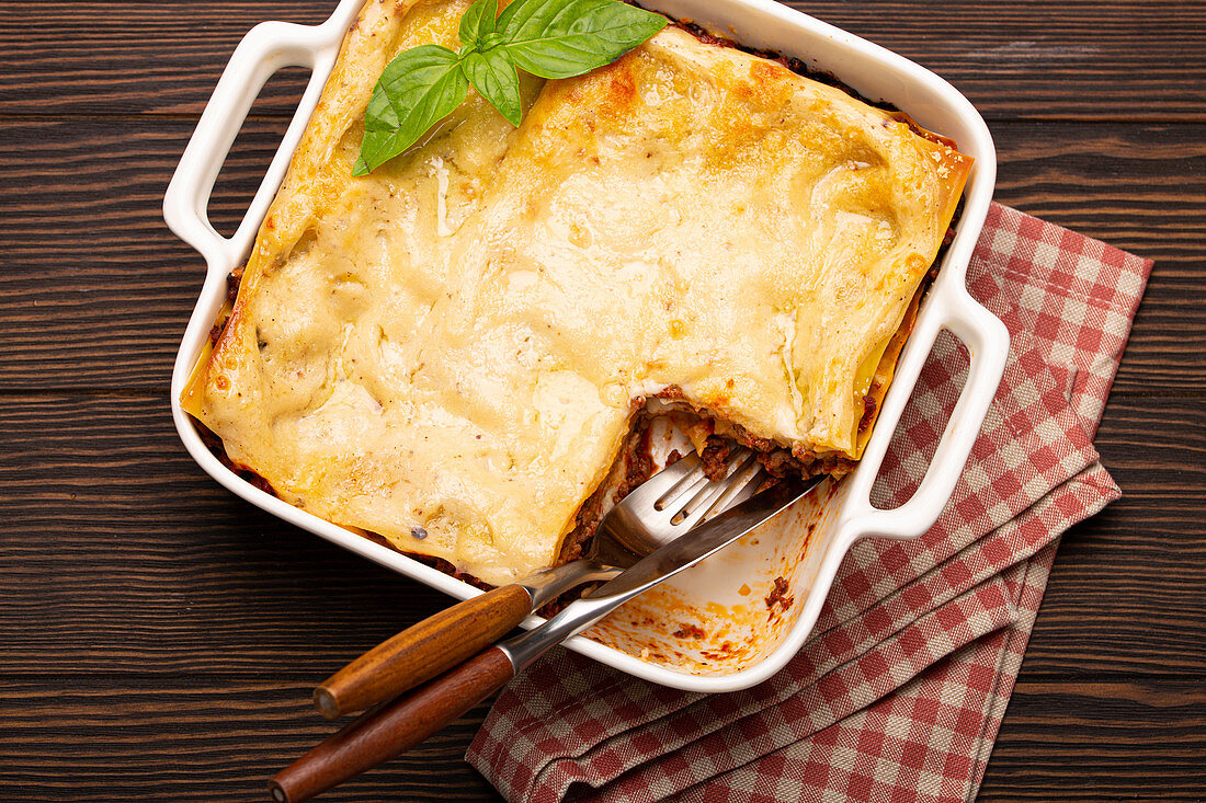 Italian lasagna with beef bolognese ragout and cheese
