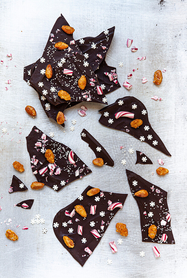 Chocolate bark with candy canes and roasted almonds