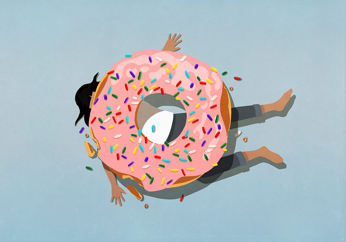 Großer Donut mit rosa Glasur liegt auf Frau (Illustration)