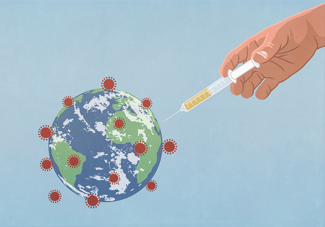 A hand injecting a coronavirus globe with a vaccination syringe (illustration)