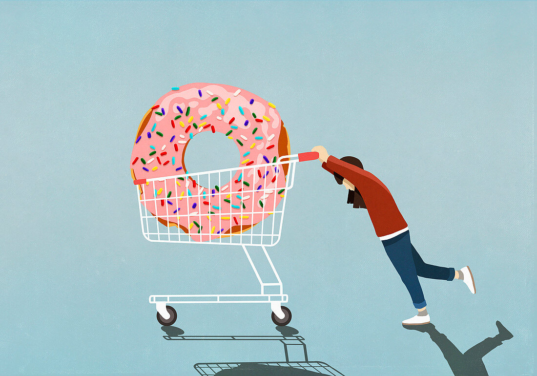 Mädchen schiebt Einkaufswagen mit Donut (Illustration)