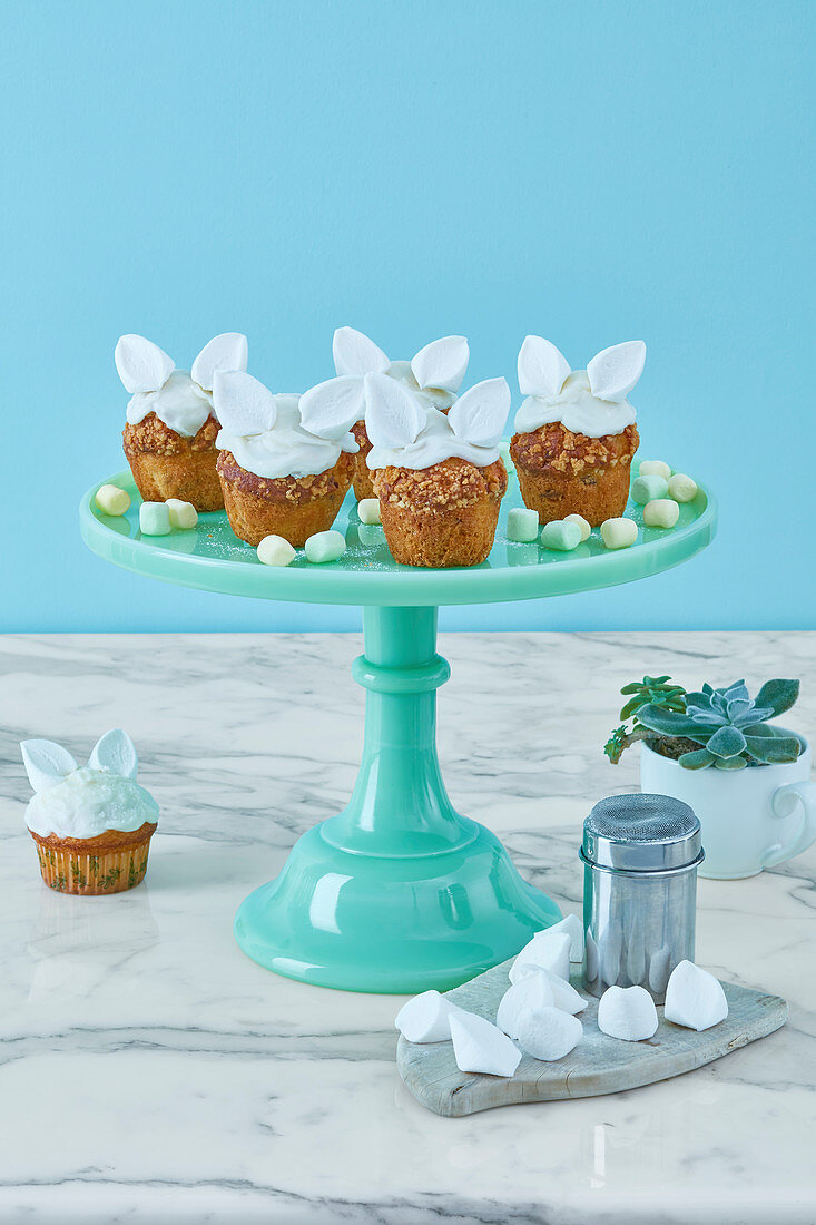 Homemade rabbit ears cupcakes with marshmallows