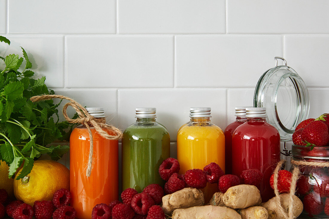 Juices in glass bottles