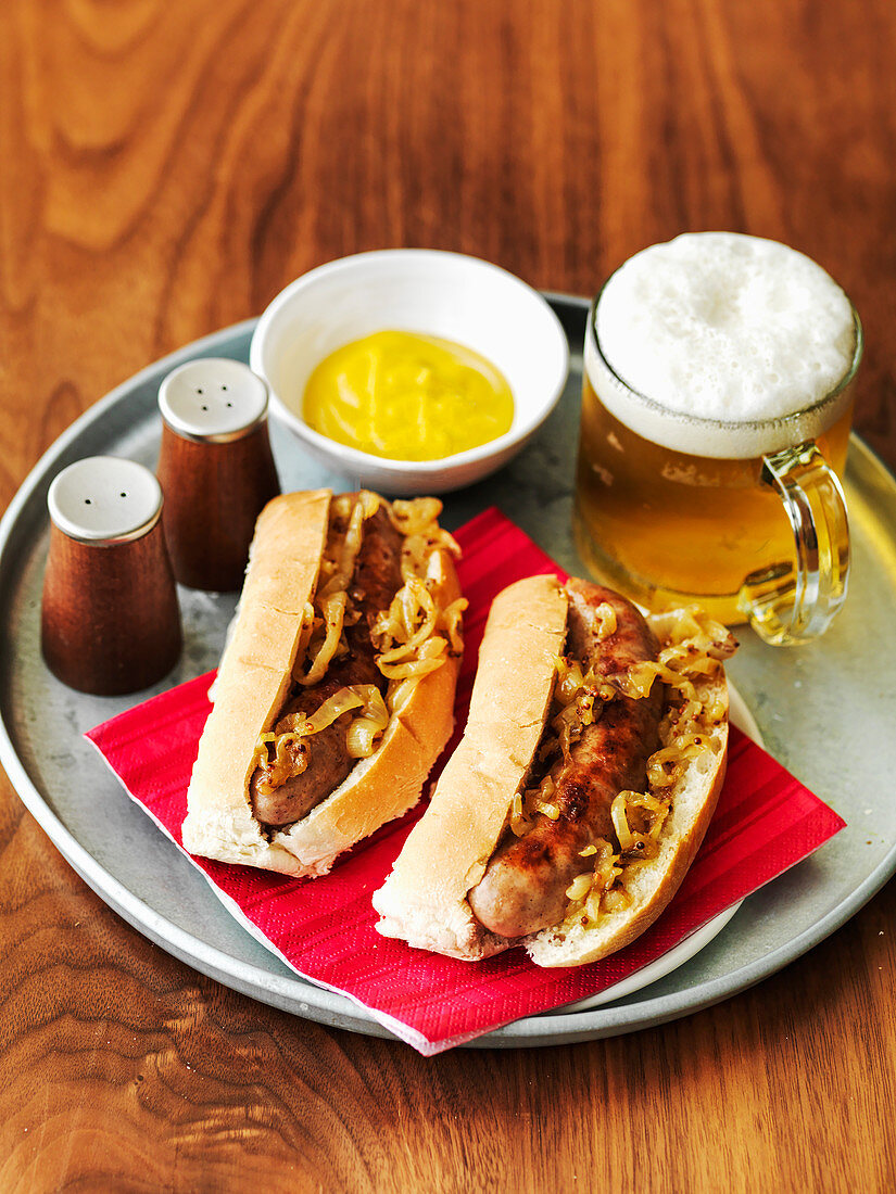 German hot dogs with sauerkraut, mustard and beer