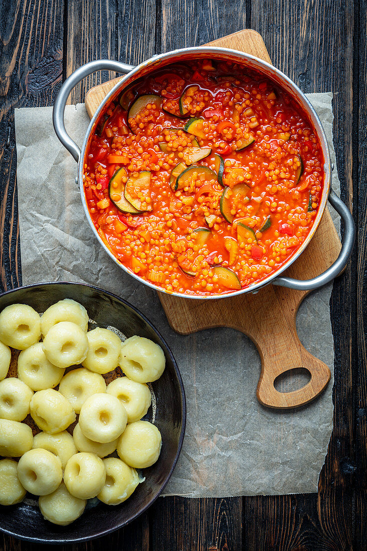 Potato dumplings and lentil bolognese