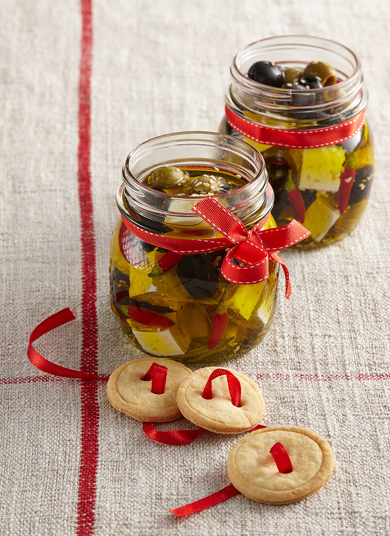 Pickled olives with Balkan cheese and cheese cookies
