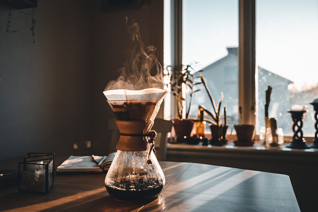 Drip coffee maker on table