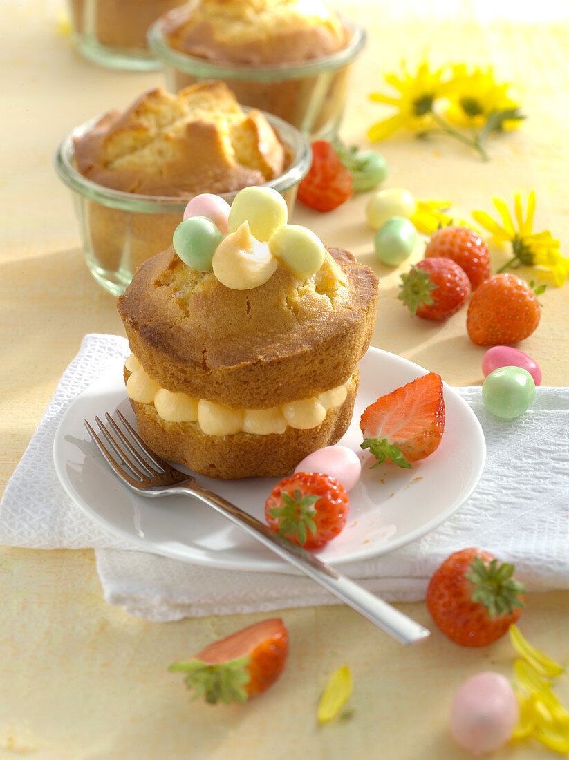 Easter vanilla gugelhupf baked in a glass with strawberries