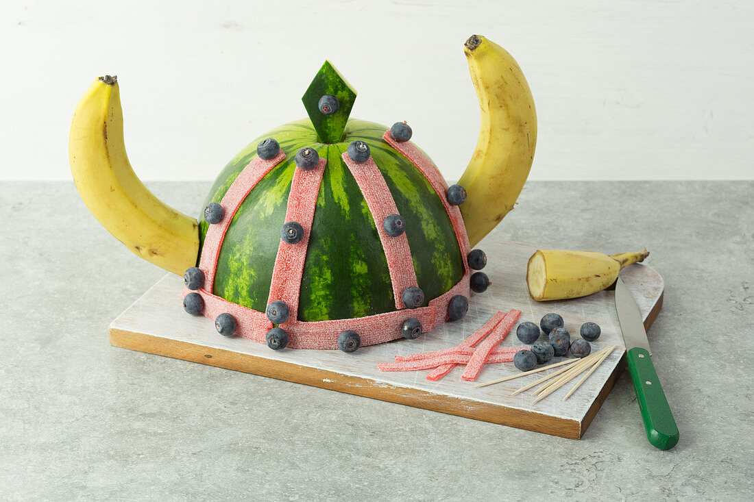 Viking helmet made from watermelon and bananas