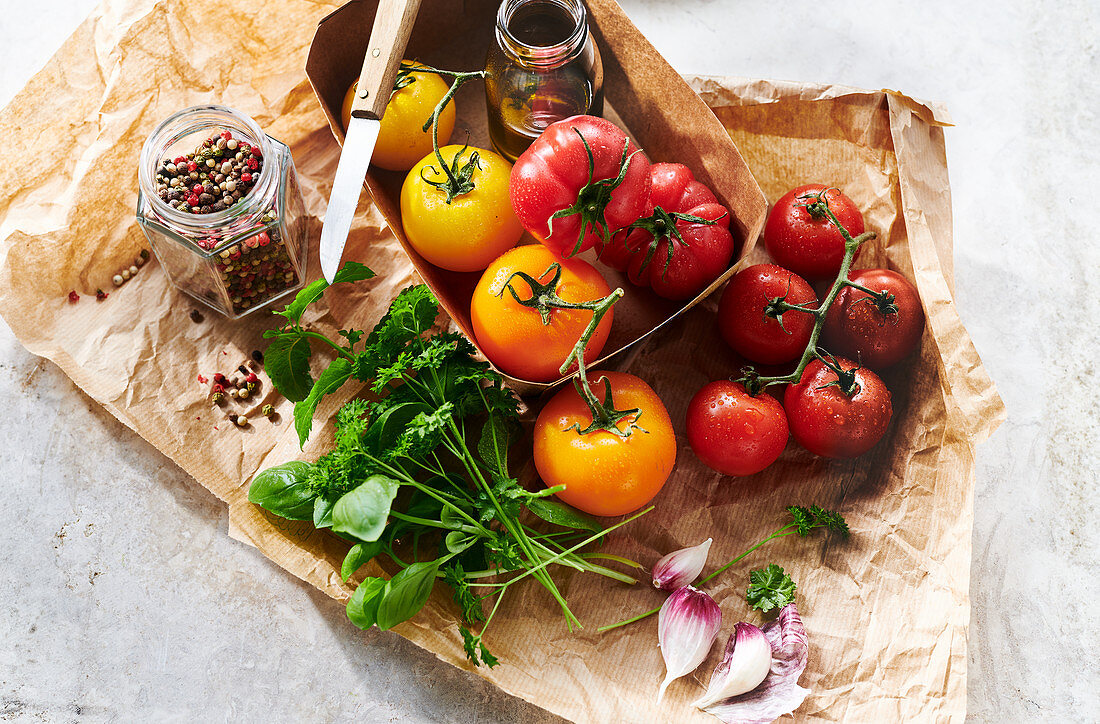 Ingredients for a colorful tomato salad