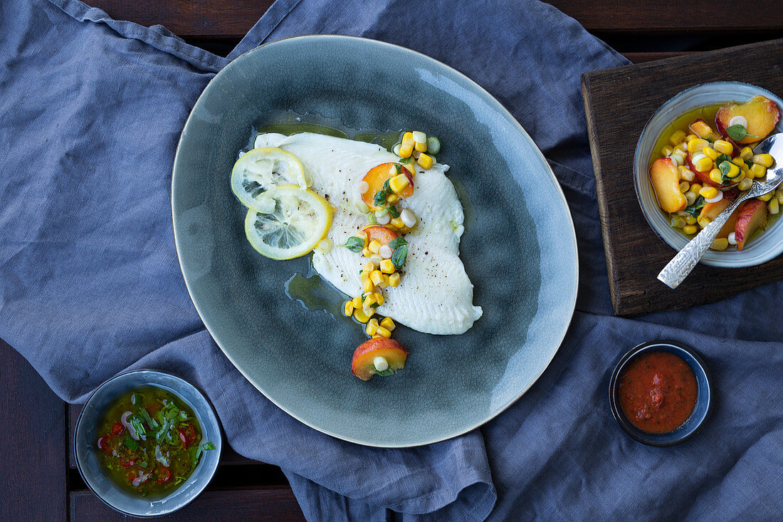 Grilled flounder with peach and corn salsa