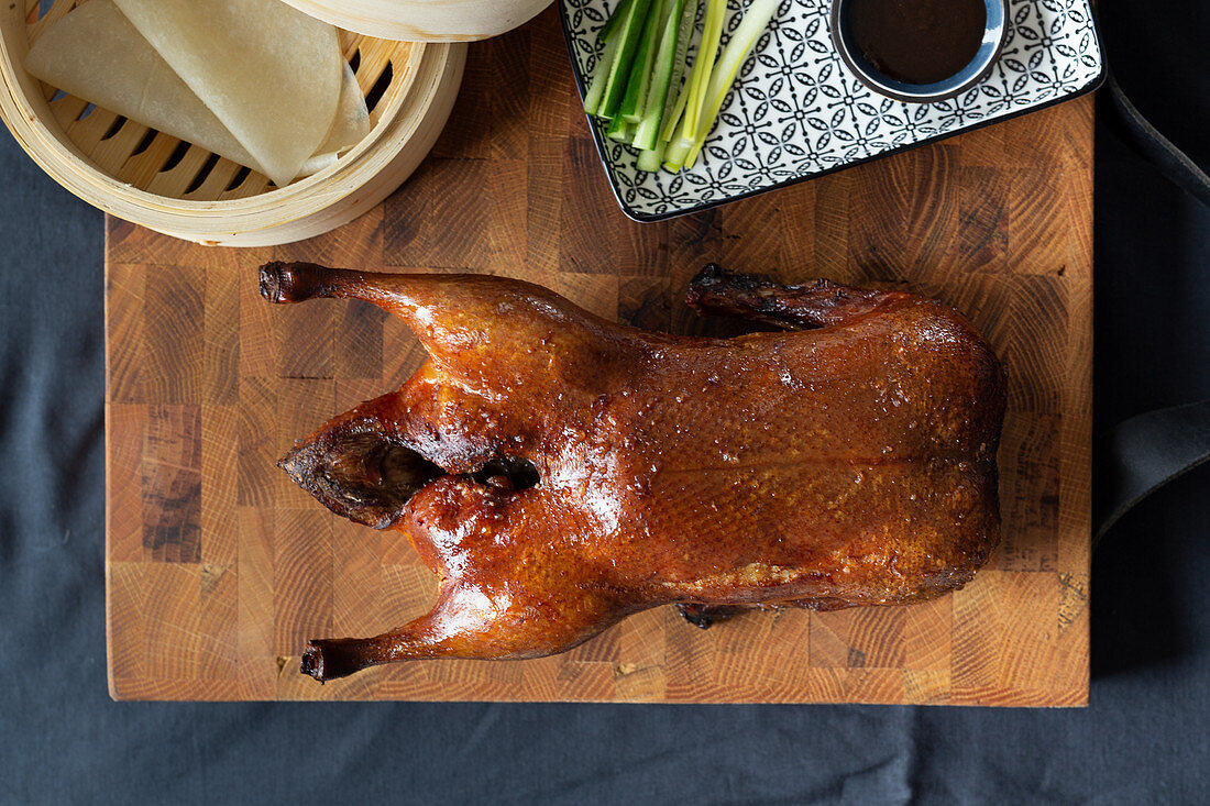 Peking duck with pancakes, cucumber, spring onions and hoisin sauce