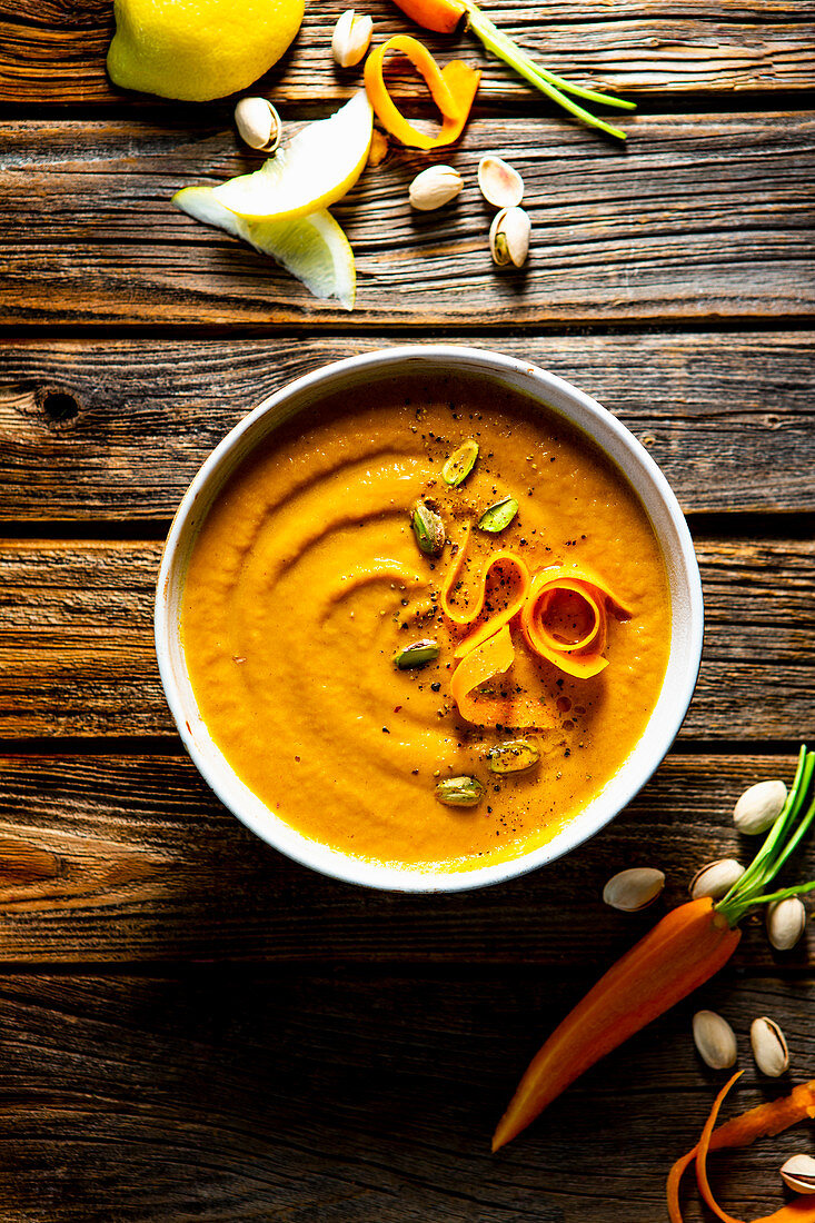 Carrot and sesame soup with pistachios