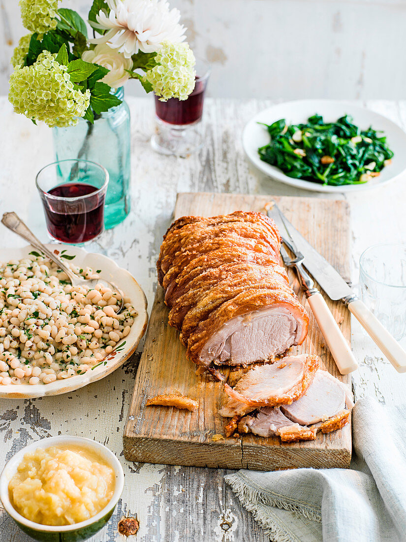 White pork with mojette beans, mustard and spiced apple sauce