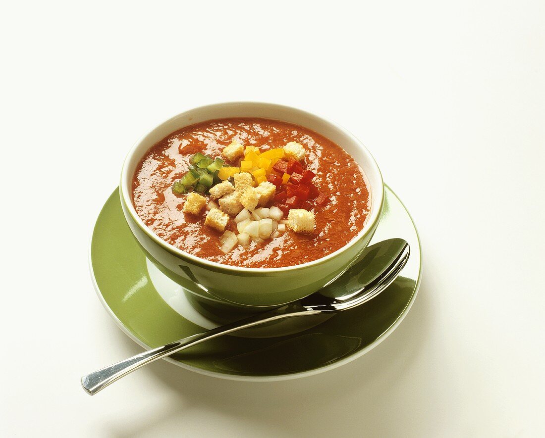 Gazpacho (cold tomato & vegetable soup in soup bowl)