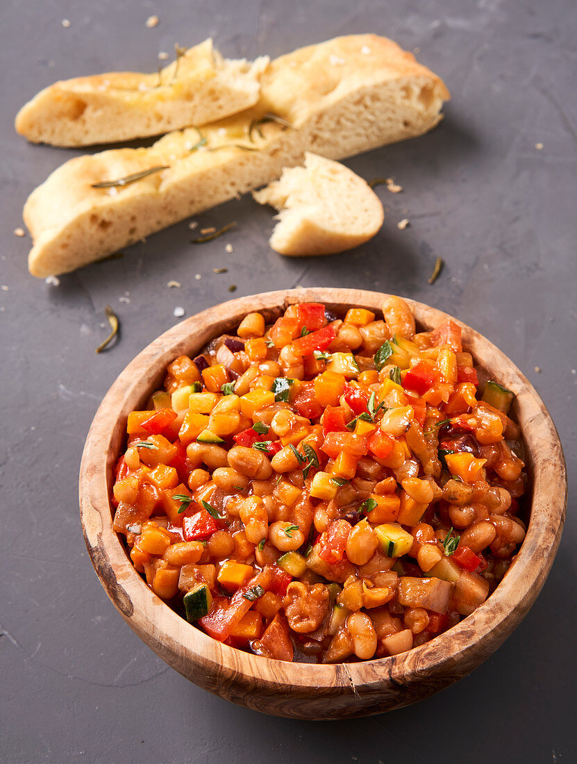 White bean cassoulet with rosemary focaccia (vegan)