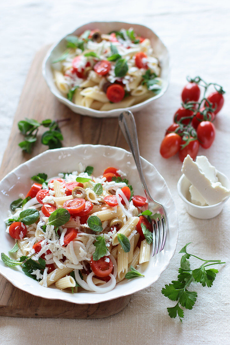 Penne with fresh cherry tomatoes, salted ricotta, olives, mint