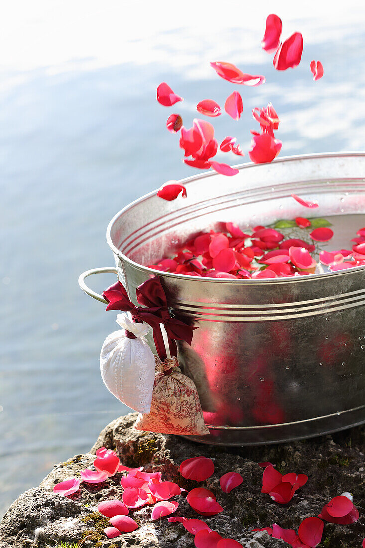 A salt-oil bath with almond oil, herbal oils and rose petals