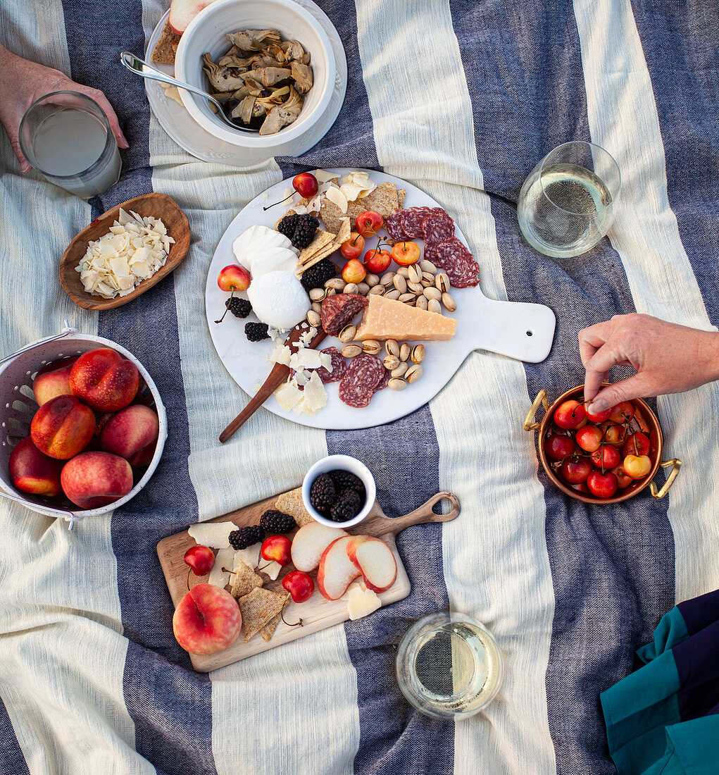 Picknick mit Obst, Chorizo, Käse, Pistazien und Artischocken