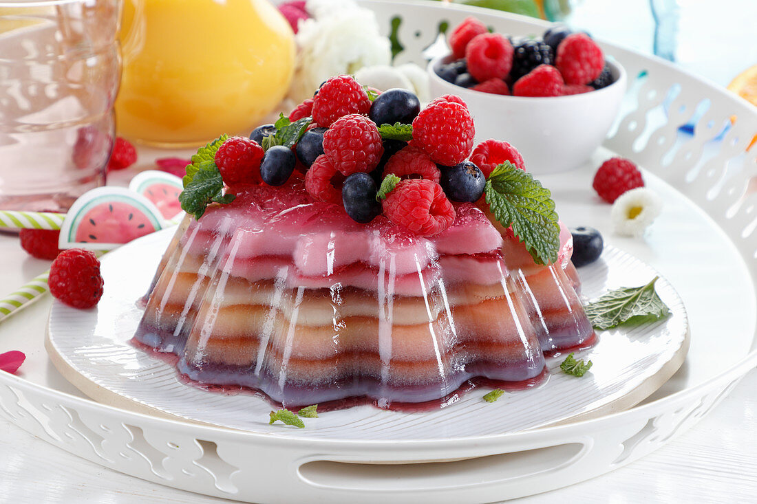 Summer dessert made of layered colorful jelly