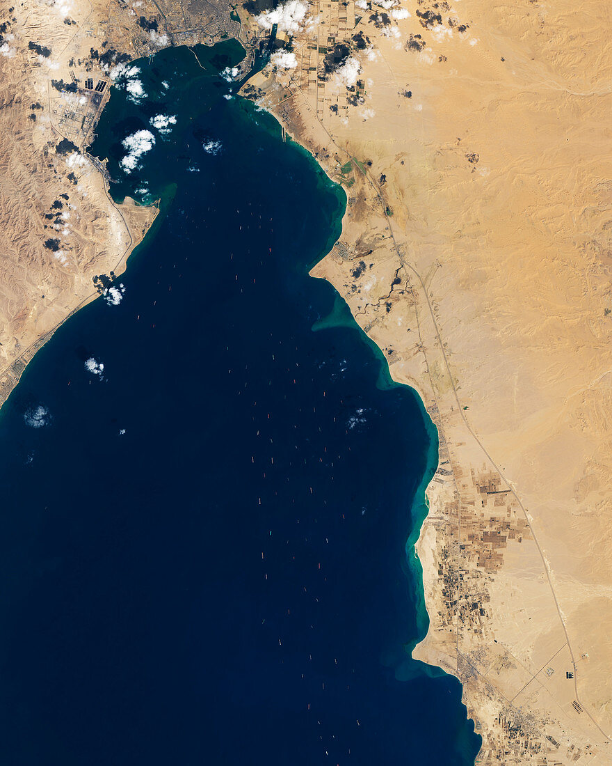 Traffic jam on the Suez canal, satellite image