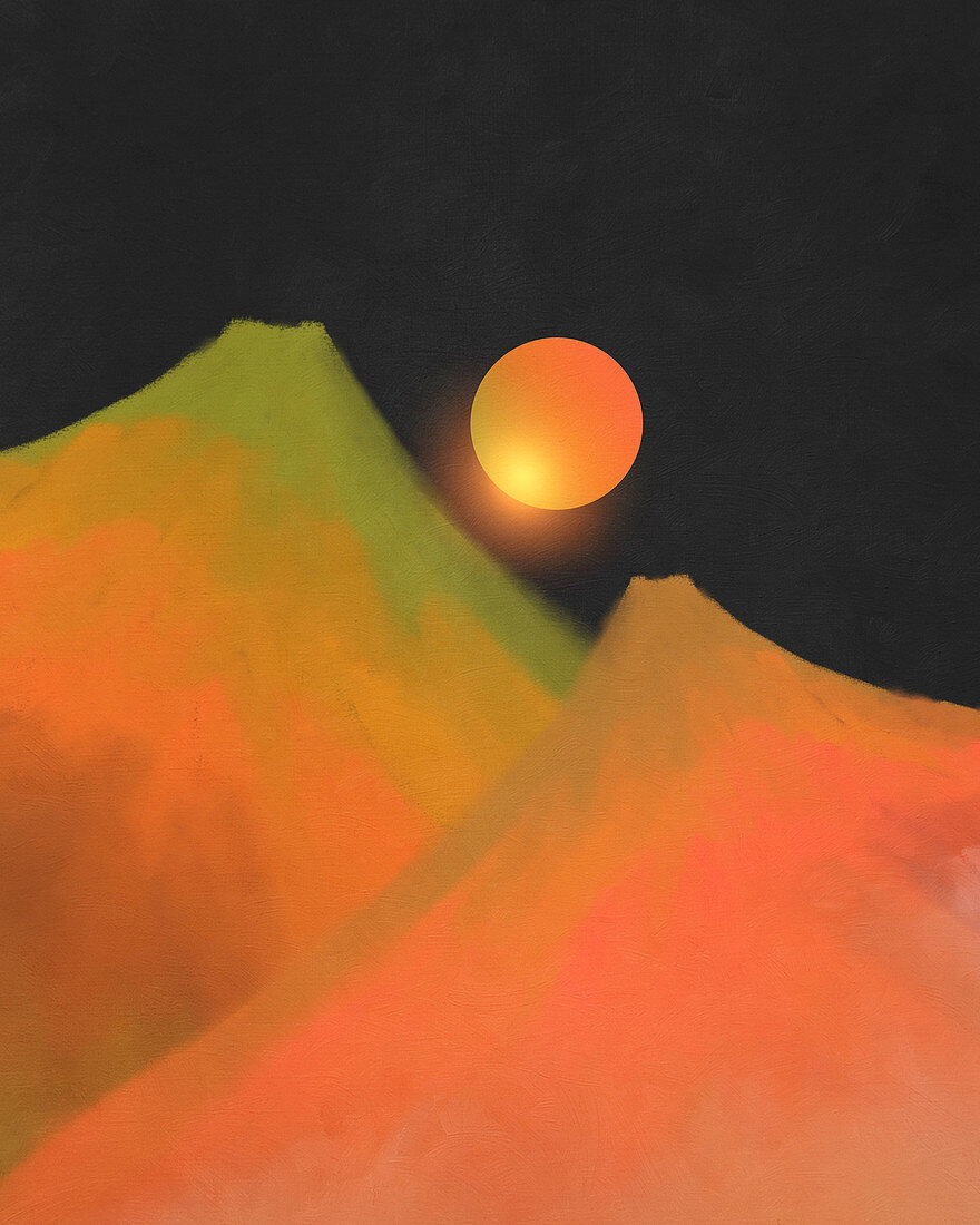 Sun above volcanoes, illustration