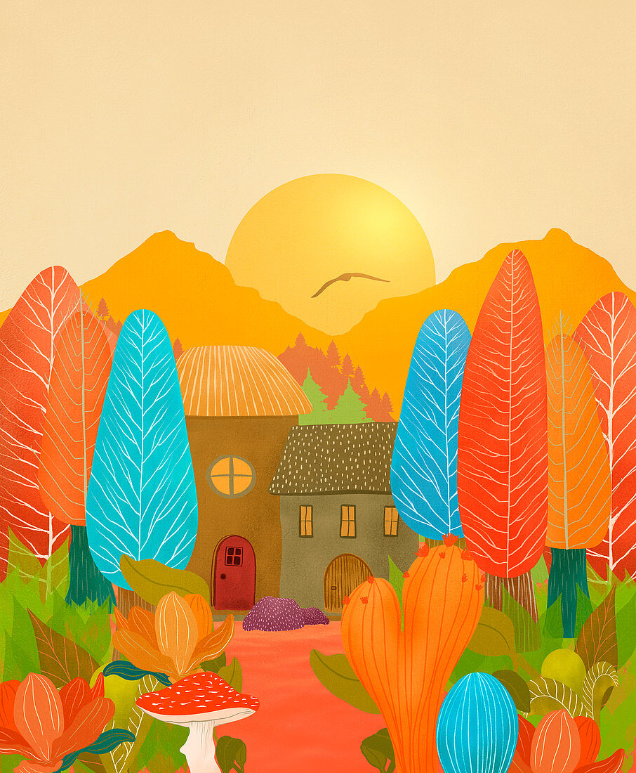 Cottage in a garden, illustration